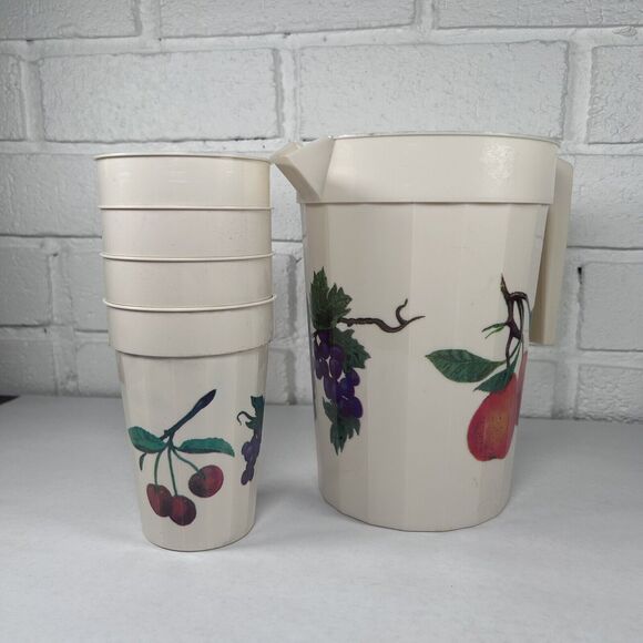 Vintage Packerware Pitcher And 4 Cups Cottagecore Country Fruits - Picture 1 of 9